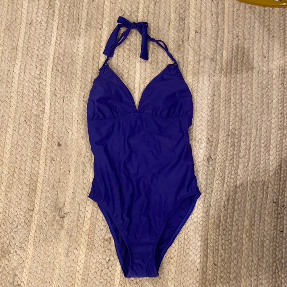 blue one piece swim suit